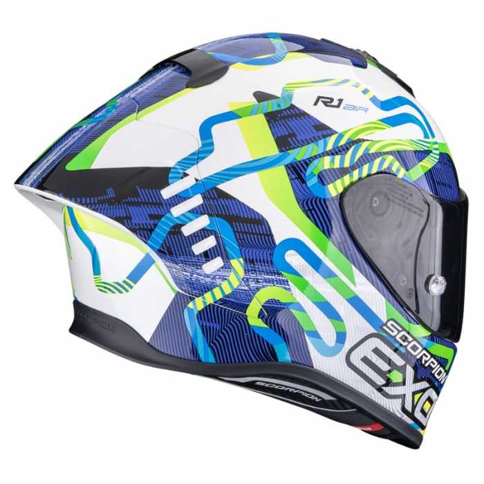 Casco Scorpion Exo R1 Evo II Air Cornering Bianco Verde Blu